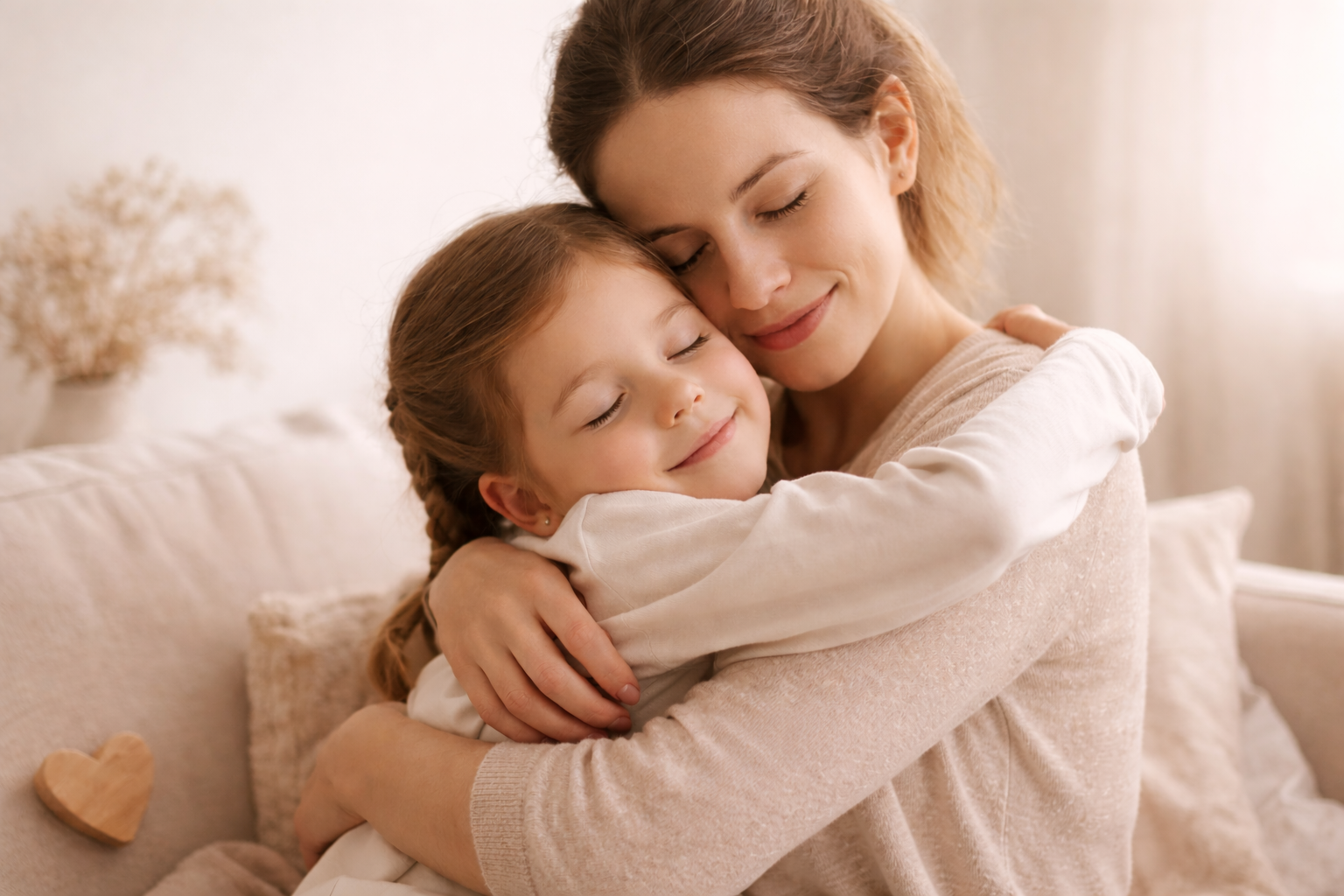 Mom and daughter are hugging and smiling