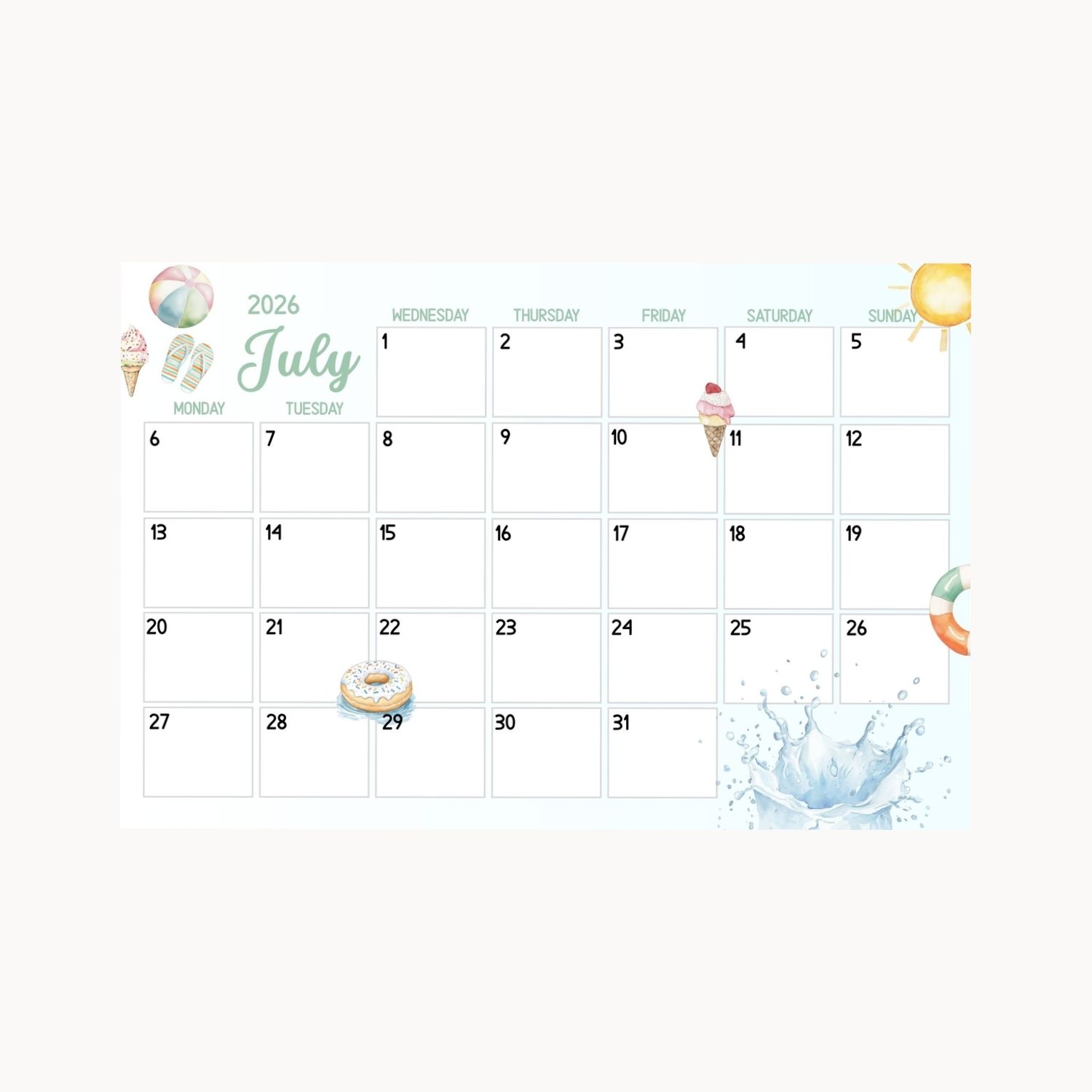 Monthly and weekly calendar for children 2026 with activity cards